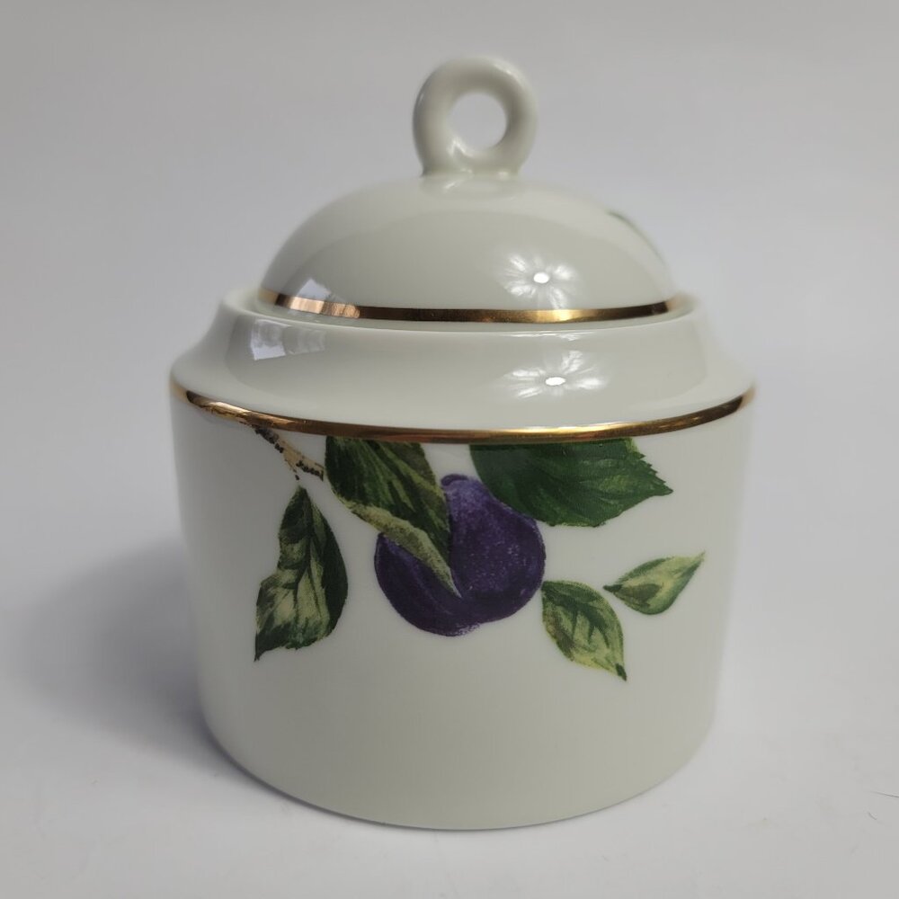Mikasa Plum Court L3132 Sugar Bowl and Lid White with Purple Plums Green Leaves